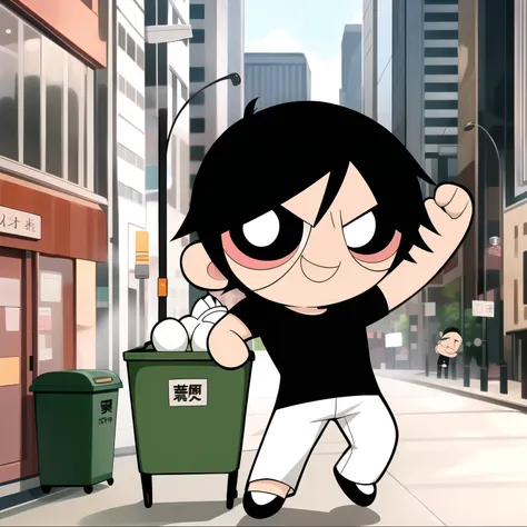 ushiguro toji, muscular male, black shirt, short sleeves, pants, cute smile, full body, chibi, black hair, rubbish bin background, (((Solo)))
