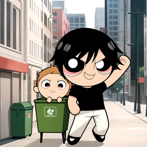 ushiguro toji, muscular male, black shirt, short sleeves, pants, cute smile, full body, chibi, black hair, rubbish bin background, (((Solo)))