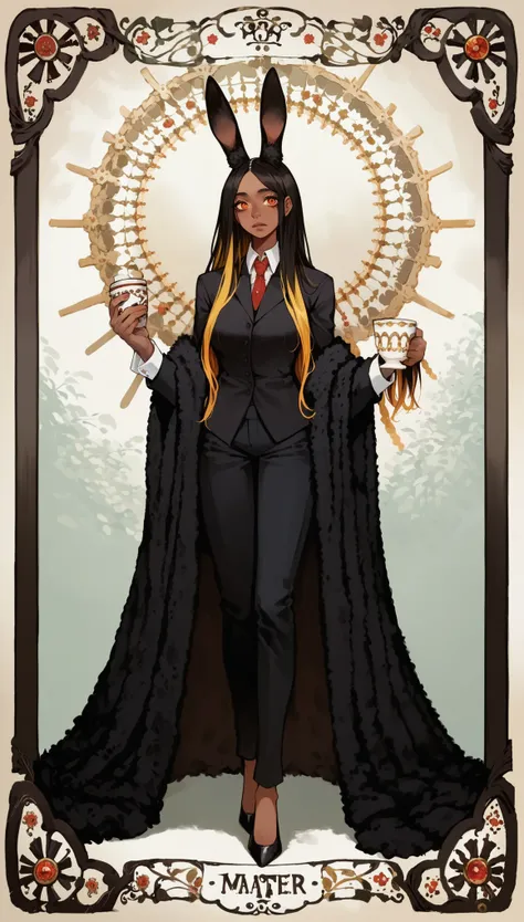 score_9, score_8_up, score_7_up, score_6_up, score_5_up, score_4_up,
female, (bunny:1.2), animal ears, animal tail, holding (tea cup), jewelery, long hair, dark_skin, dark_skinned_female, colored hair, heterochomiya, diffirent eyes, eyelashes, frills, ((T...