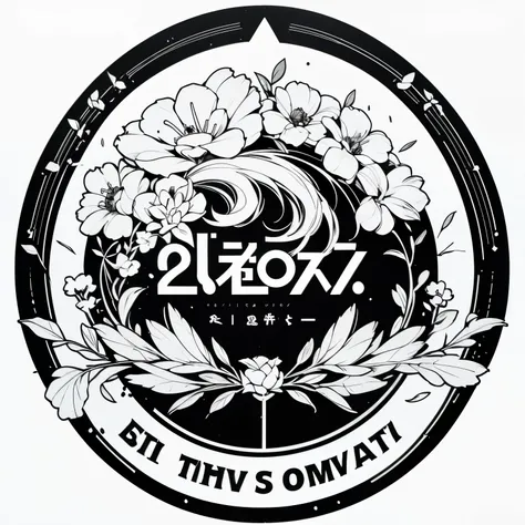 20th Anniversary。(((logo)))。simple。Text only、(((emblem)))、White background only、(((No humans)))、Black and White、flower