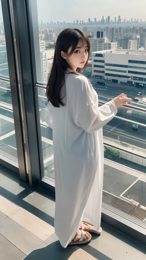 Arabian woman standing on top of a building overlooking the city, Ulzzang, Korean Girls, Portrait of a Japan teenager, Wearing long, loose clothing, 🤤 Portrait of a Girl, Chiho, Yoshitomo Nara, Blackpink&#39;s Joshi portrait, young asian girl, From 8k matt...