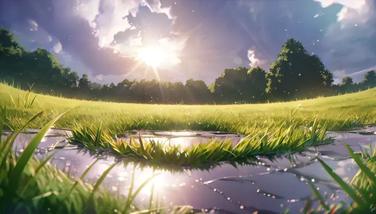 grassy field after the rain, low angle view, puddles, sunlight, anime style, wet grass, reflections, soft lighting, vibrant colors, photorealistic, 8k, high quality