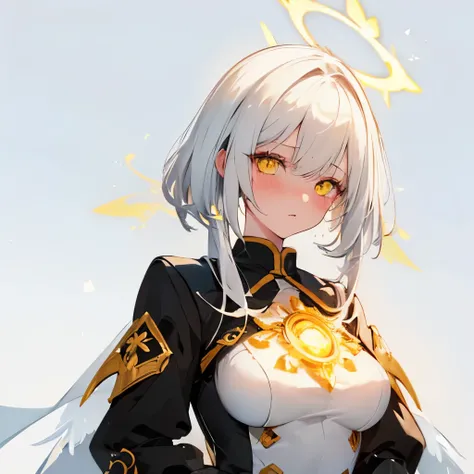 1girl, white hair, yellow eyes, (blushing:1.2), absurdres, 8k, masterpiece, vivid colors, ultra detailed, ultrasharp, sexy, glowy eyes, (bloom effect:1.2), detailed lips, detailed eyes, full clothes, angel halo, black clothes, ultra detailed face, fallen a...