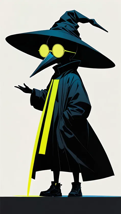 in style of Ashley Wood,in style of by Liu Ye,
1girl,lori figure,loose hip-hop outfits,giant wide-brimmed wizard hat,silhouette,(((neon glowing round sunglasses))),unable to see the eyes,large area blank,minimalist composition,blank,white_background,chines...