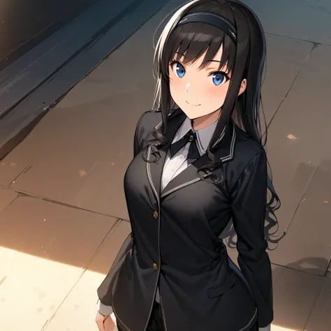 (masterpiece),(best quality),(ultra-detailed),(best illustration),(best shadow),(absurdres),(detailed background),(very aesthetic), haruka_morishima, 1girl, solo, kibito high , , hairband, long hair, blue eyes, black hair, long sleeves, smile, black jacket...