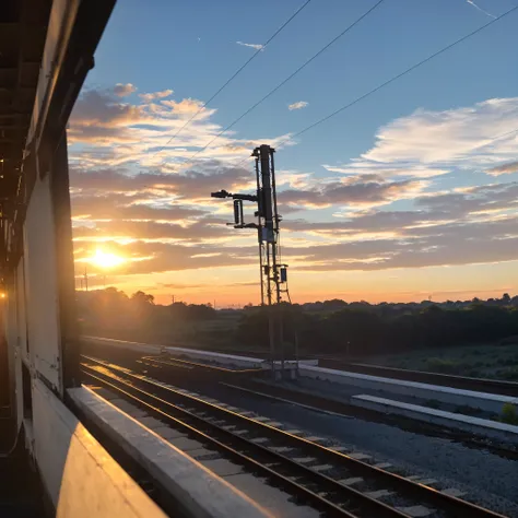 Landscape with train passing by on train tracks, early morning sunrise, At sunrise, Sunrise in the morning, early morning, The sun in the sky is strong, Beautiful afternoon, sunset in the distance, Heading towards the sunset, in the early morning, Beautifu...