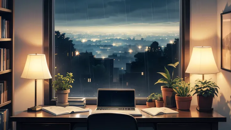 Generate a photo of a night scene with a desk, stationery, a large window, a night sky, cloudy sky, rain, and fog. The scene should have a soft anime style and a 16:9 aspect ratio. Use the soft ambient light from the window to capture the peaceful atmosphe...