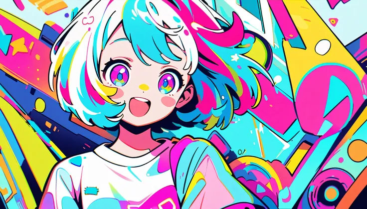 Vibrant art,pop、bright、colorful, 1 female, Light blue hair,　short hair、Happy,cute, animation style, kawaii, clearly, colorful cyberpunk, bubblegum pop, cute、Pink and light blue as main colors、I&#39;m cheering loudly、　Headphonesをしている、Headphoneusic、buzzer、bu...