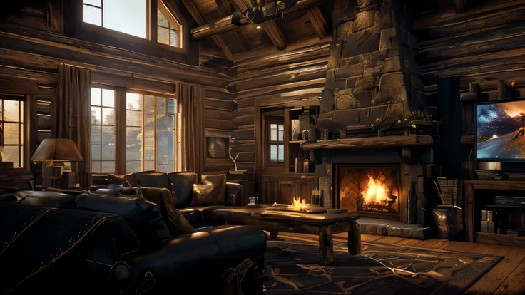 AlaFed log cabin living room with fireplace, TV and leather sofa, realistic unreal engine 3 d game, Highly realistic Unreal Engine, highly Unreal Engine in Detail, Highly detailed environments, Unreal Engine realistic rendering, Detailed lighting and textu...