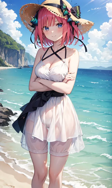 Nino Nakano is a character that appears in the anime "The Quintessential Quintuplets" 「The background is a sunny day at the sandy beach...」The eyes of this character are blue. My hairstyle is a bob cut with shockingpink color. This character is wearing a b...