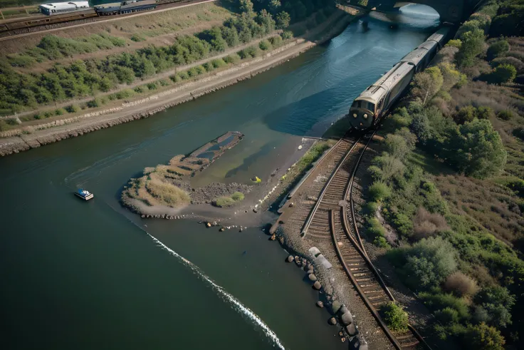 view of the train on the track by the river, photograph from above, Photo taken from above, aerial photography from a drone, photo taken from afar, high quality photo, The photo shows a large, Trains in the background, view from above, aerial view from abo...