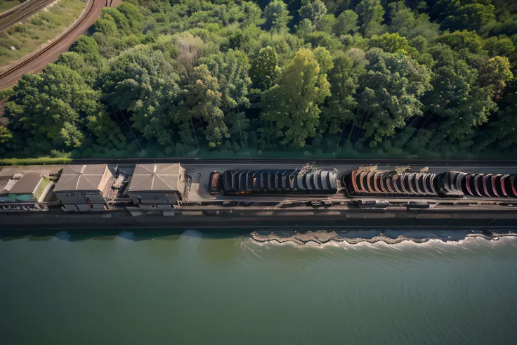 view of the train on the track by the river, photograph from above, Photo taken from above, aerial photography from a drone, photo taken from afar, high quality photo, The photo shows a large, Trains in the background, view from above, aerial view from abo...