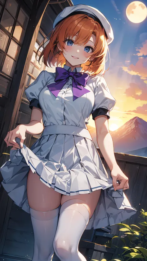 (twilight,orange sun),rena ryuuguu, orange hair, short hair, blue eyes,mountain of bulky trash,seductive smile,
white beret, bow...