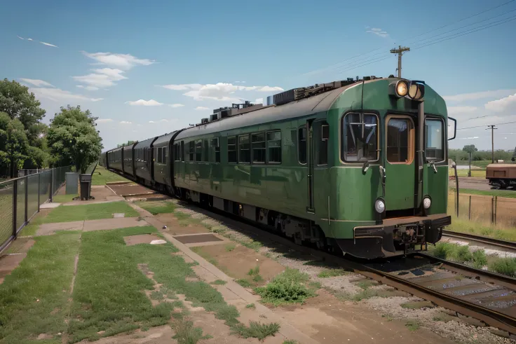 arafed green train car sitting on the tracks in a rural area, freight car on the railway, train, trains, profile shot, Rails, chemical rail, Platform, Playground, Side view, Side view, beautiful high resolution, high quality photo, Alternate angle, scenic ...