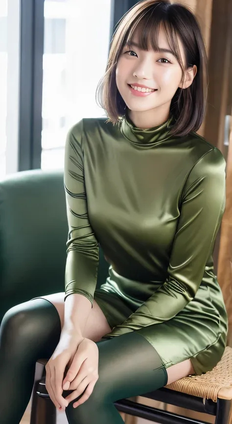 College girl sitting on chair indoors wearing short Olive Dress and olive boots, Highest quality, High resolution, 8K, One girl, (Huge breasts :0.9), sun, bright,(Olive Dress:1.8,Shiny garments:1.8, High neck:1.5, Satin Skirt:1.8,Olive shiny boots,tights),...