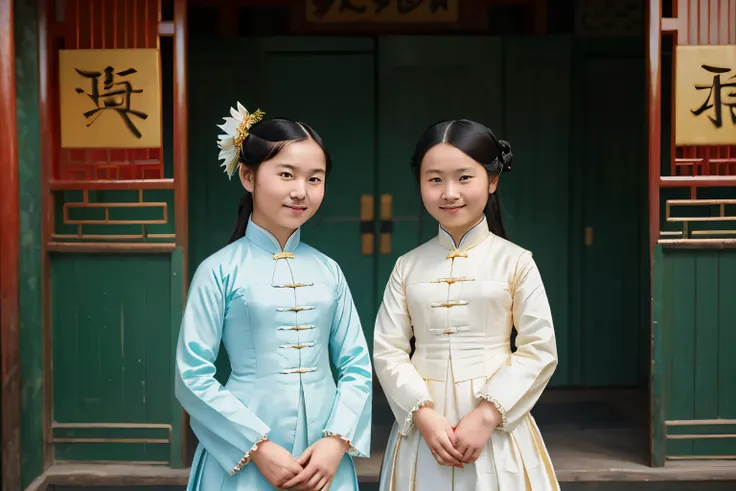 Puwei, China, 1838. A young ((((15-year-old)) WhiteLily and SnowFlower)), two girl friends, pale, beautiful, in a fair, ((smug smile)), ((((chinese clothings from the 1830s)))), ((hairstyle of the 1830s)), ((colorful))