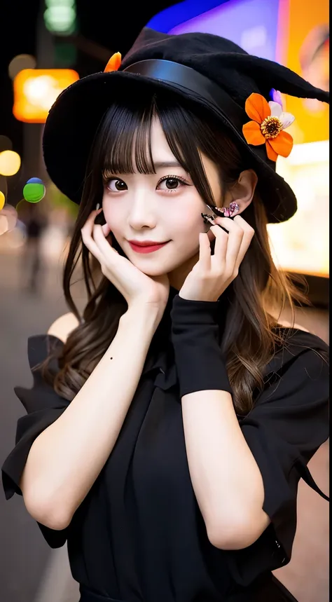 high quality, 最high quality, masterpiece, Very fine、beautifully、detailed, Professional photos, Proper Lighting,
Very beautiful girl, Beautiful Face, Face Tattoos,
Halloween Costumes, Black short dress, Black witch hat, Orange Accessories,
smile, Laughter, ...