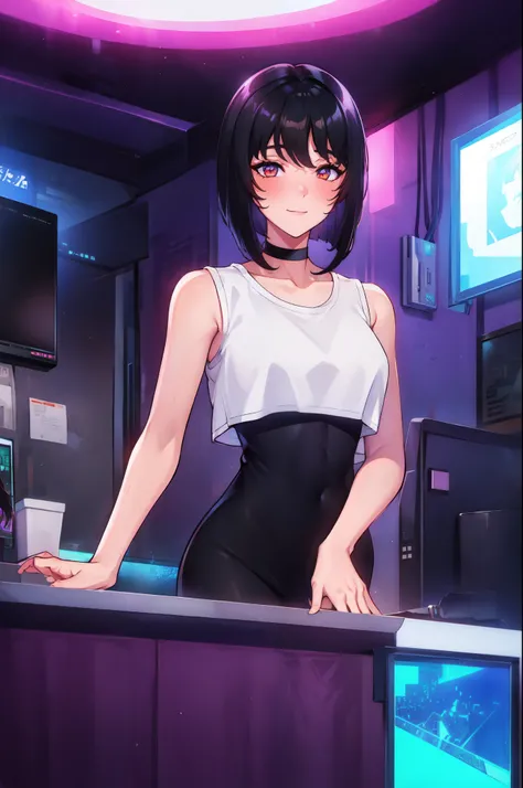 1girl, solo, teen girl, , (black hair), (colored inner hair, purple hair), straight hair, (bob cut), short hair, assymmetrical hair, bang pinned back, hairclip, brown eyes, calm behaviour, small smile, inexpressive, medium breasts, choker, white camisole, ...