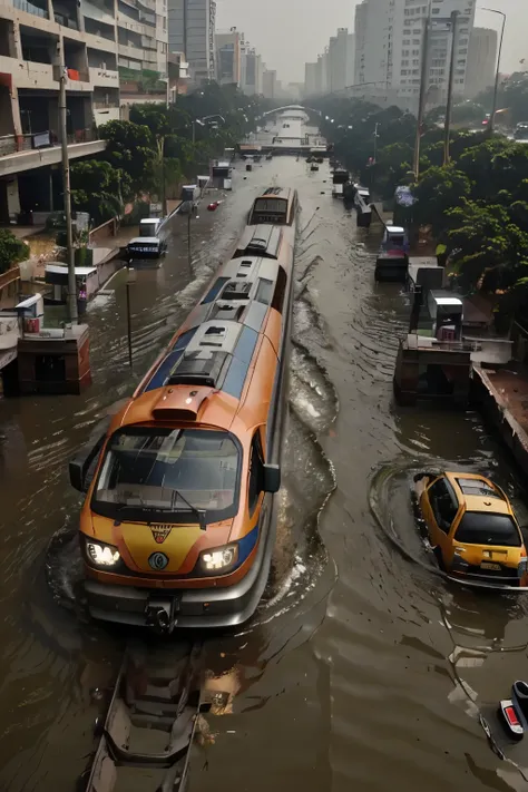 experience the future of transportation in delhi, where metro trains effortlessly glide above water-submerged streets. our innov...