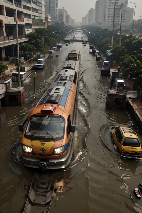 experience the future of transportation in delhi, where metro trains effortlessly glide above water-submerged streets. our innov...