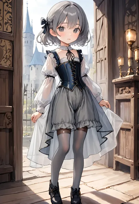 8 year old medieval girl, underwear姿、Translucent knee-length bloomers（underwear）wear、wear a semi-transparent corset、Translucent slip, Grey translucent tights