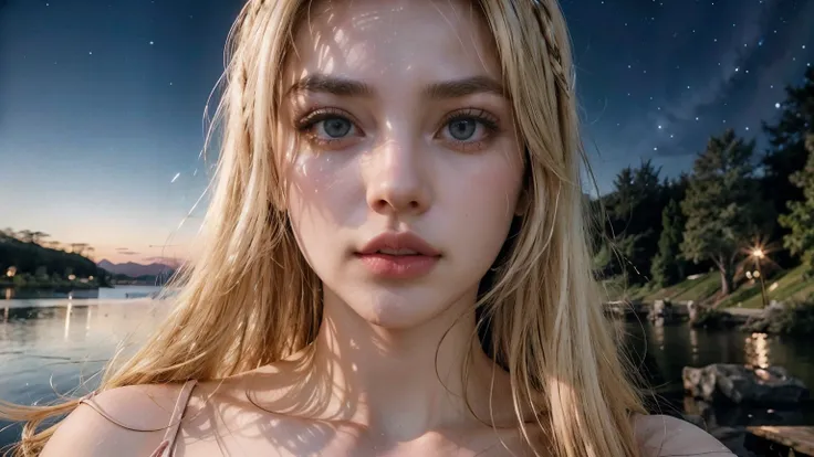 sexy girl, lake, beautiful stary night sky, cleavage, translucent transparent dress, super long light blonde hair, pink lips, eye lashes, detailed face, full body