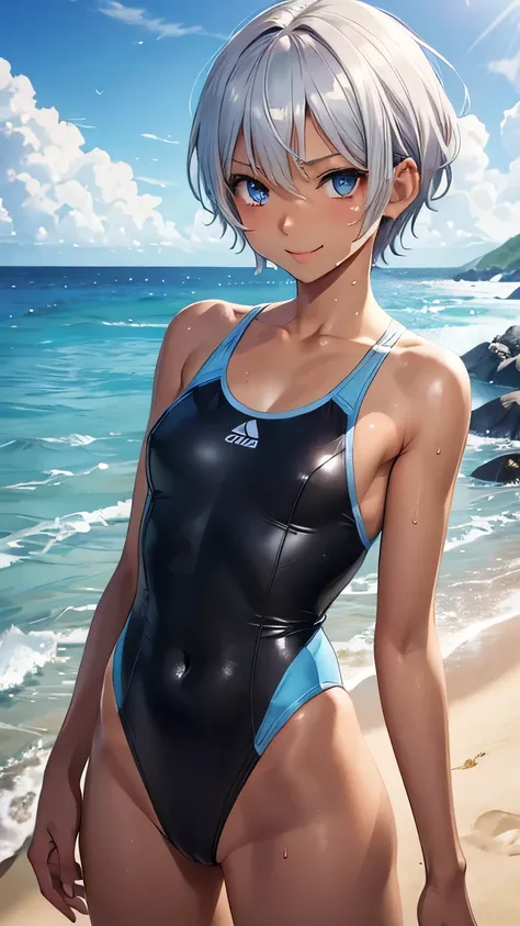 highest quality、Realistic、Silver Hair、Light blue eyes、Very Short Hair、One piece swimsuit、Tanned black body、A well-trained body、athlete、Tan Skin、Brown black skin、slender、boyish、Sweat、smile、Ocean、Bust Shot