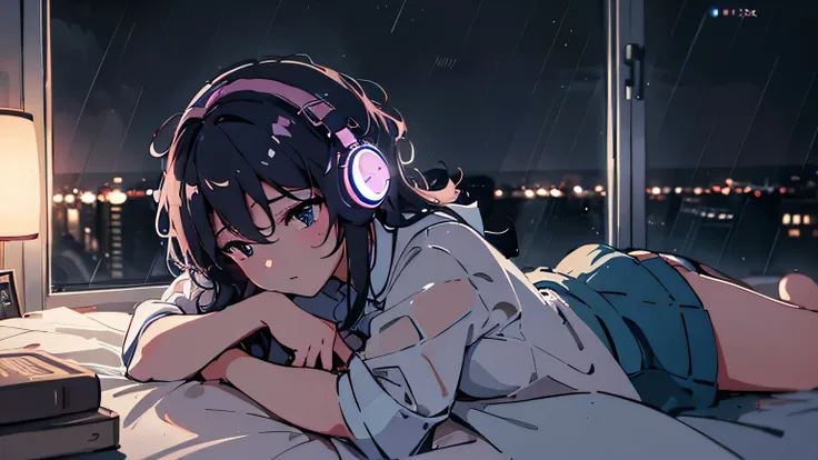 8k, haigh quality, high resolution, realistic, a girl hearing music with headphone in bed window side at night, many rain outsid...