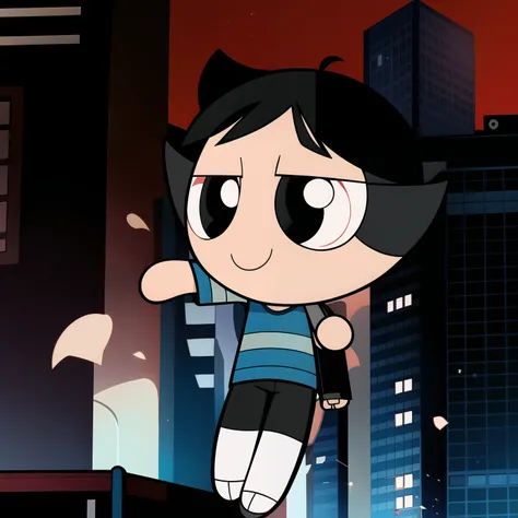 boy, shirt, short sleeves, pants, cute smile, full body, chibi, black hair, city background, (((Solo)))