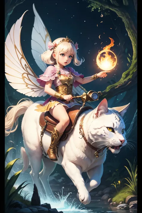 (Highest quality:1.3)。dream-like。Fairy Knight Riding a Wildcat。The background is a beautiful fairyland。