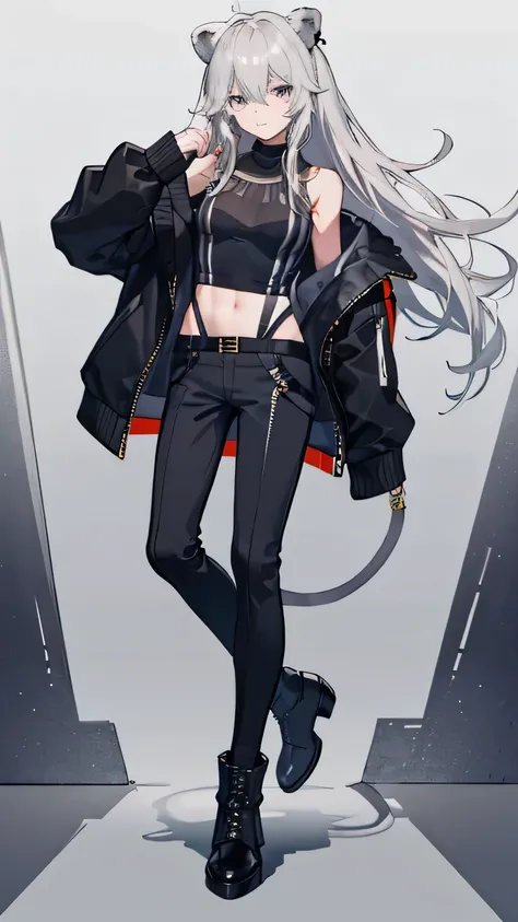 masterpiece, Facial details, Very detailed, 8K, Modern Style, ((One young man)), woman, Black jacket, Black trousers, black boots, White Background, joy, lion ears, gray hear, sleeves past wrists, grey eyes, full body,