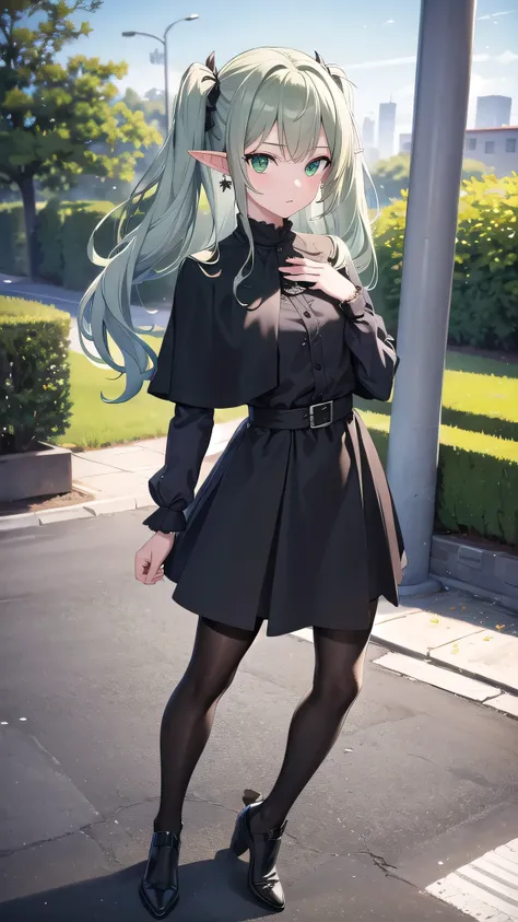 frieren, frieren, long hair, twintails, (green eyes:1.5), grey hair, pointy ears, elf,
BREAK shirt, long sleeves, jewelry, pantyhose, earrings, striped, black pantyhose, capelet, striped shirt,
BREAK looking at viewer, upper body, (full body:1.2),
BREAK ou...