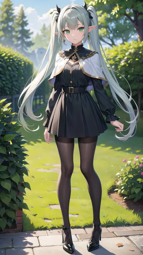 frieren, frieren, grey long hair, twintails, (green eyes:1.5), grey hair, pointy ears, elf,
BREAK shirt, long sleeves, jewelry, pantyhose, earrings, striped, black pantyhose, capelet, striped shirt,
BREAK looking at viewer, upper body, (full body:1.2),
BRE...