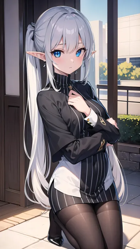 frieren, frieren, grey long hair, twintails, grey hair, pointy ears, elf,green eyes,
BREAK shirt, long sleeves, jewelry, pantyhose, earrings, striped, black pantyhose, capelet, striped shirt,
BREAK looking at viewer, upper body, (full body:1.2),
BREAK outd...