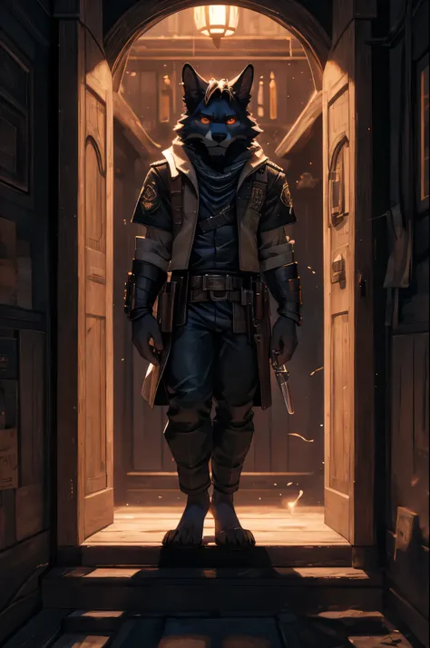 (((Barefoot furry character, full body, cinematic setting, furry male, plantigrade)))
portrait, ((mysterious gunslinger)), ((holding smoking gun)), ((holding revolver)), long black fur, entering saloon, alone ,strange, surreal, desolate, ghostly, eerie, ...