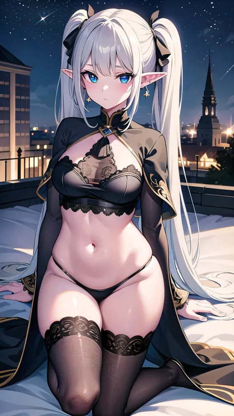 frieren, frieren, grey long hair, twintails, grey hair, pointy ears, elf,green eyes,
BREAK shirt, long sleeves, jewelry, earrings, striped,stockings, capelet, striped shirt,
BREAK looking at viewer, upper body, (full body:1.2),
BREAK outdoors, sky, castle,...