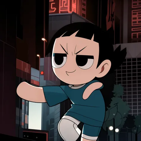 boy, shirt, short sleeves, pants, cute smile, full body, chibi, black hair, city background, (((Solo)))