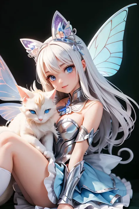 (Highest quality:1.3)。dream-like。A fairy knight riding a brazen dragon cat。Platinum blonde long hair。Beautiful butterfly wings。Silver armor。The background is a beautiful fairyland。