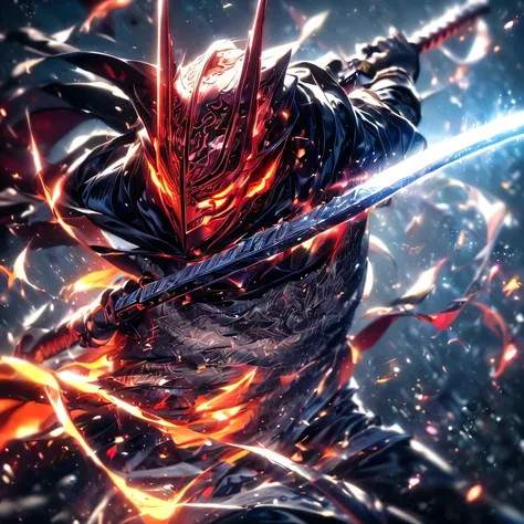 Super realistic, hyper realistic, super detailed, (cybersamurai, 1boy, ((solo)), attacking with red sword, wearing white armor and mask, cape, glowing beautiful red eyes, glow:1.3) (glowing simple black background:1.25),