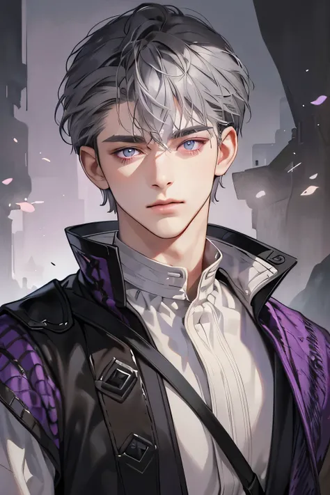 (Best quality),1 man, male, (((short dark grey hair))), dark purple eyes, perfect eyes, lilac hair, medieval fantasy style,  richly textured background, soft lighting, portrait style, painting style, half body, look at camera view, purple eyes