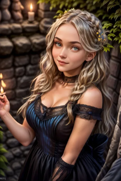 illustration of 15 years old Virginia Otis blonde hair blue eyes youngest cute face, from the Canterville Ghost, furtively observing a group of followers of the Goddess Freia who are celebrating a forbidden ritual inside a mysterious cave. We are sure that...