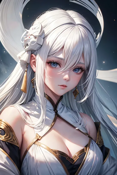 Close-up of a white-haired woman wearing a white mask, beautiful figure painting, Guvez, artwork in the style of Guvez, White-haired god, author：Yang J, Epic and beautiful character art, Stunning character art, author：Fan Qi, by Wuzhun Shifan, Guvez on pix...