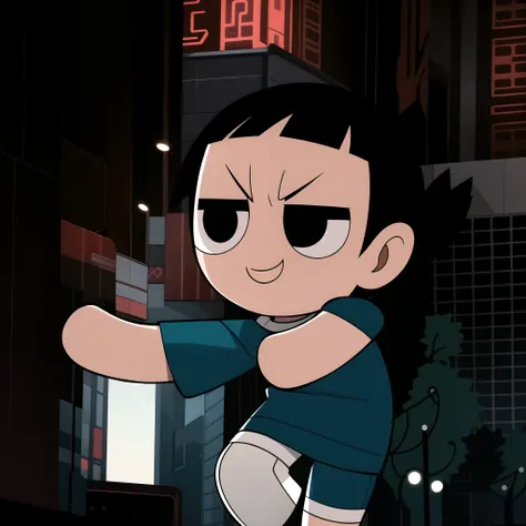 boy, shirt, short sleeves, pants, cute smile, full body, chibi, black hair, city background, (((Solo)))