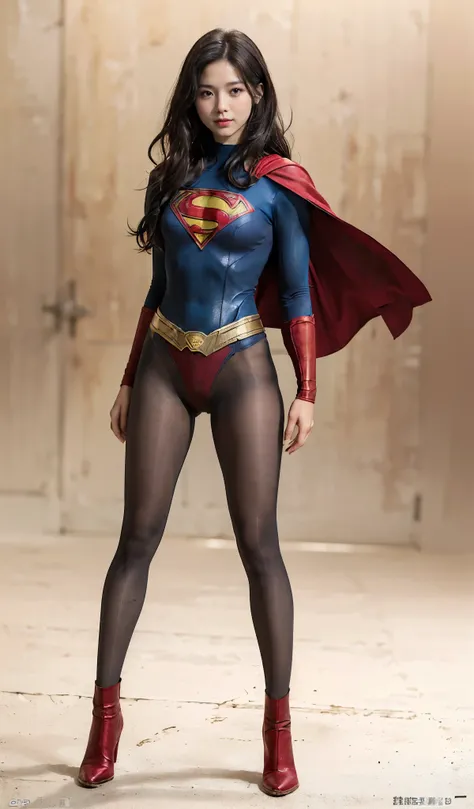 No background、(((Sweating profusely))).(((Beautiful legs in black tights.)))、(((Legally express the beauty of your smile)))、((((Make the most of your original images)))、(((体にぴったりフィットするSupergirl Costume)))、(((Supergirl Costume)))、(((short and beautiful hair...