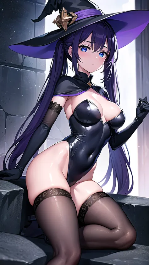 monamegistus, mona, blue eyes, hair between eyes, twintails, very long hair, purple hair, hat, (medium breast:1.2), witch hat,
BREAK black bodysuit, black gloves, blue sleeves, bodysuit, capelet, covered navel, black pantyhose,detached sleeves, gloves, hig...