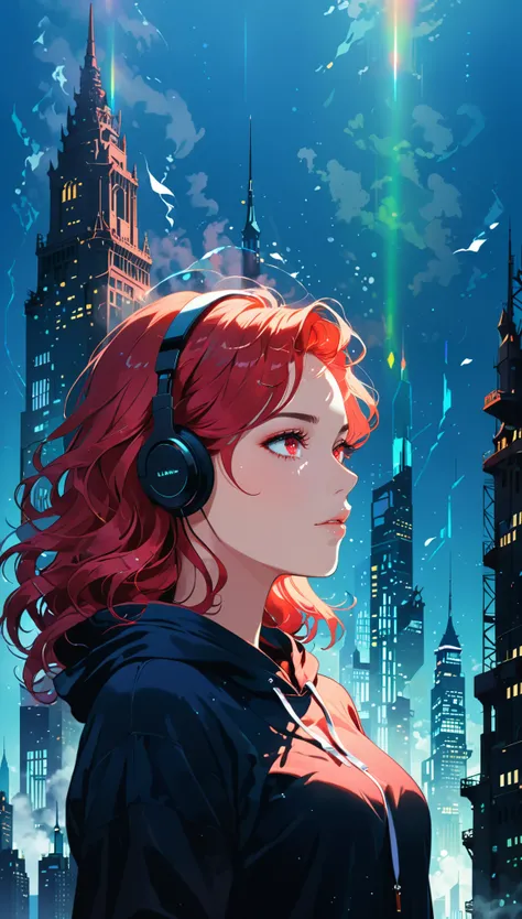 (artist：Jack Hughes:1.4),1 Girl,(Long wavy hair:1.3),(bright city View pattern on clothes:2.1),Wide hood,hoodie,(earphone:1.2),Silhouette,
(Skyline:1.2),(city View:1.4),(A large iron tower:1.3),Stand at the top of the tower,lavenderblush theme,(darkness:1....