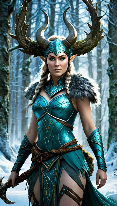 "Create a unique Satyress character rooted in Nordic mythology, blending her traditional woodland and nature-bound traits with the mystical prowess of Valkyries. She embarks on a quest to rescue a stolen artifact from a cunning frost giant, forging an unli...