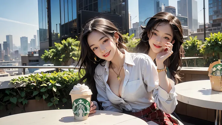 A girl in a blazer uniform ((White blouse with formal collar, Blue Blazer, 
Red Check Skirt, Red checkered ribbon on blouse)), Complete limbs, Full Finger, 
((((((Starbucks outdoor cafe among skyscrapers))))))、((16 year old female student))、(((((Eat cake、s...