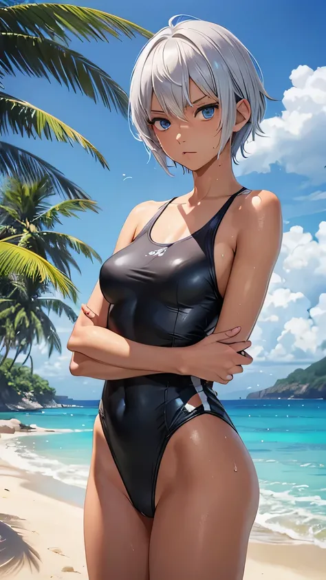 highest quality、Realistic、Silver Hair、Light blue eyes、short hair、One piece swimsuit、Tanned black body、A well-trained body、athlete、Tan Skin、Brown black skin、slender、Sweat、Arms crossed、Ocean、Bust Shot