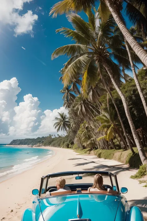 non-coastal environment, tall coconut trees, turquoise blue sea, three surfers in the sea, a young white man with light brown hair and blonde highlights driving a black vintage convertible car alone, road near the beach, realistic, digitl art, movie poster